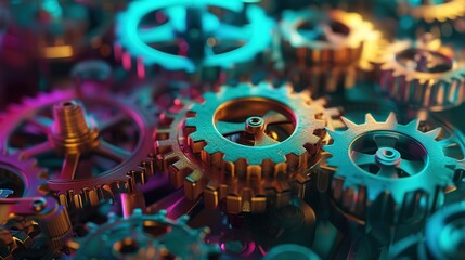 A macro shot revealing the vibrant details and complexity of interconnected gears in a machinery setup.