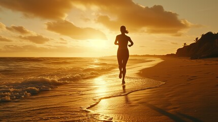 Fototapeta na wymiar A female runner's silhouette is captured against the stunning backdrop of a sunlit beach at sunset.