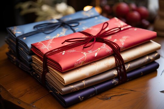 Stacked red and blue journals with golden cherry blossom designs and ribbon ties