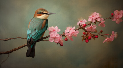 cute bird wallpaper artwork sitting on a cherry tree