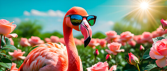 A flamingo wearing sunglasses in a spring landscape with pink blossoming roses under blue skies....