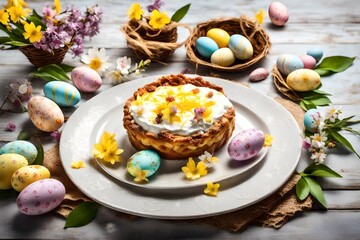 Obraz na płótnie Canvas Plate with traditional Easter curd dessert on table with decoration