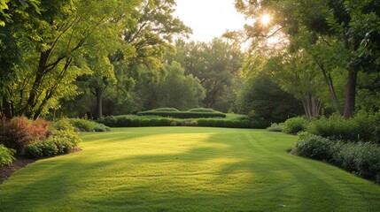 Fototapeta premium A Manicured Lawn Encircled by Trees and Bushes Picture a stunning summer day.