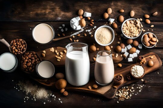 Different types of non-dairy milk on the wooden table