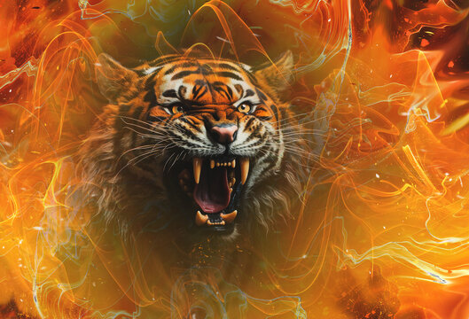 The head of the Roaring Tiger against a background of fiery flames.