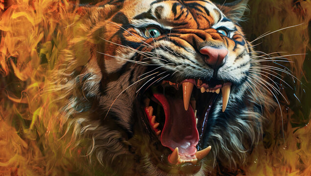 The head of the Roaring Tiger against a background of fiery flames.