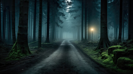 Fototapeta premium a long street in a forest at night, wallpaper