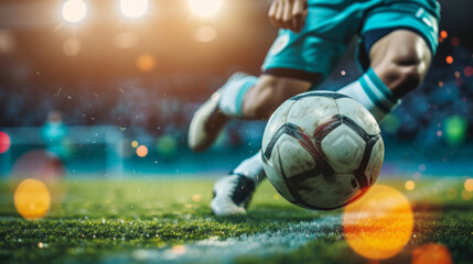 A soccer player mid-kick, fiercely concentrating on the soccer ball at their feet - obrazy, fototapety, plakaty