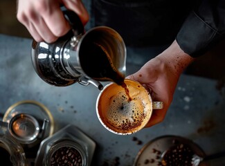 Barista pours fresh coffee into a mug surrounded by coffee beans and equipment.