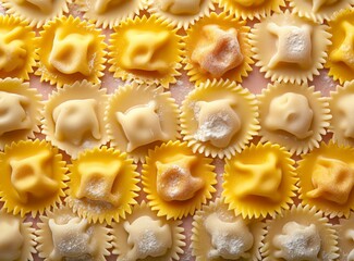 Close-up of fresh, uncooked ravioli pasta laid out in neat rows, showcasing the variety of fillings.