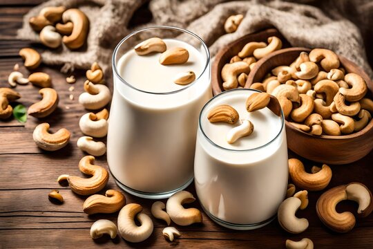Cashew nut vegan milk non dairy in a glass lar with cashew nuts on wooden background