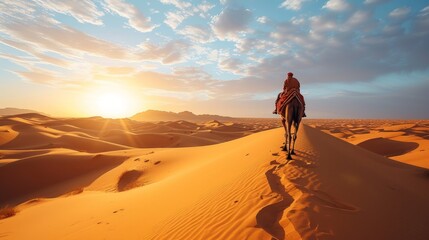 Fototapeta na wymiar A traveler riding a camel in the Sahara Desert, with endless golden sand dunes under a scorching sun.
