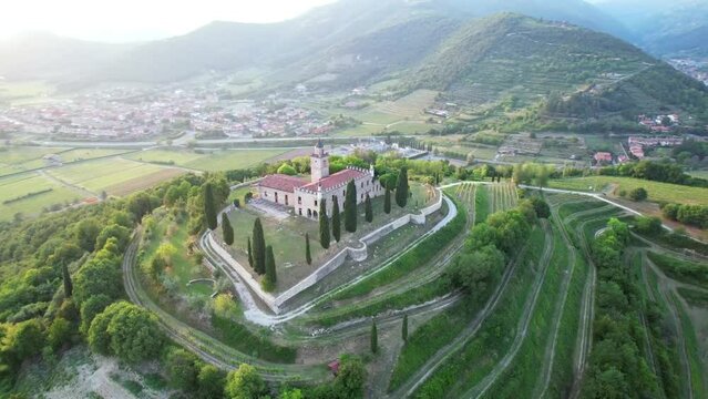 Orbit aerial view over La Santissima Castle, Gussago Brescia Italy.