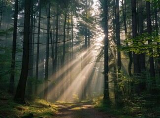 Sunrays piercing through a dense forest, illuminating a serene path; a tranquil and mystical atmosphere.