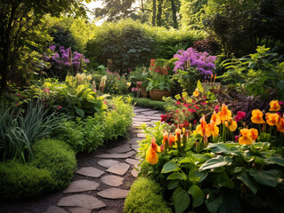 A beautiful garden bursting with colorful flowers and lush foliage creates a vibrant natural oasis.