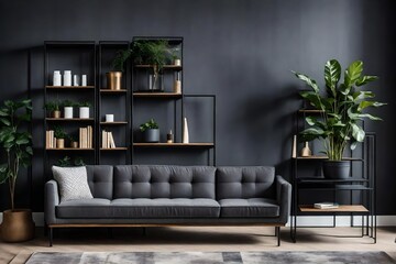 Black industrial bookcase and a plant stand next to an upholstered sofa in a gray living room interior with place for a coffee table. Real photo