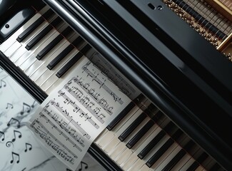 Close-up of the interior of a piano: strings and hammers. Notes are on the piano, top view.