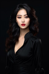 Naklejka premium A young beautiful girl wearing a black dress with long hair, cute, innocent, and attractive looks, beautiful model girl, generative ai.