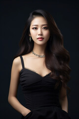 Fototapeta premium A young beautiful girl wearing a black dress with long hair, cute, innocent, and attractive looks, beautiful model girl, generative ai.