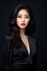 Naklejka premium A young beautiful girl wearing a black dress with long hair, cute, innocent, and attractive looks, beautiful model girl, generative ai.
