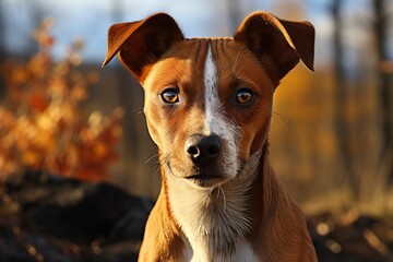 Portrait of a cute dog with bright eyes against the background of an autumn landscape. Concept: Pets, animal portraits, autumn scenes, emotional connection with animals.