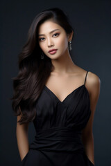 Naklejka premium A young beautiful girl wearing a black dress with long hair, cute, innocent, and attractive looks, beautiful model girl, generative ai.