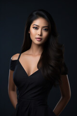 Fototapeta premium A young beautiful girl wearing a black dress with long hair, cute, innocent, and attractive looks, beautiful model girl, generative ai.