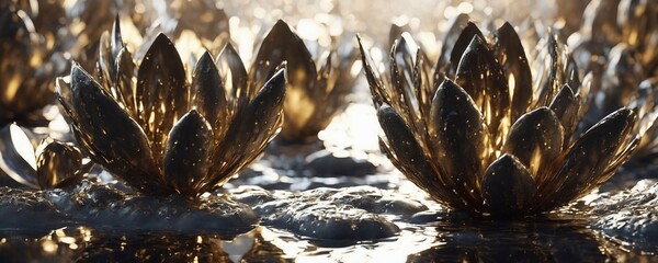 there are two golden flowers that are in the water