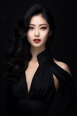 Naklejka premium A young beautiful girl wearing a black dress with long hair, cute, innocent, and attractive looks, beautiful model girl, generative ai.