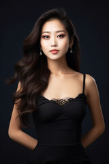 Naklejka premium A young beautiful girl wearing a black dress with long hair, cute, innocent, and attractive looks, beautiful model girl, generative ai.