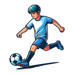 Happy cute little boy playing soccer football game in action cartoon vector illustration, kid player kicking ball design template isolated on white background