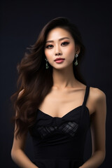 Fototapeta premium A young beautiful girl wearing a black dress with long hair, cute, innocent, and attractive looks, beautiful model girl, generative ai.