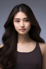 Fototapeta premium A young beautiful girl wearing a black dress with long hair, cute, innocent, and attractive looks, beautiful model girl, generative ai.