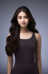 Naklejka premium A young beautiful girl wearing a black dress with long hair, cute, innocent, and attractive looks, beautiful model girl, generative ai.