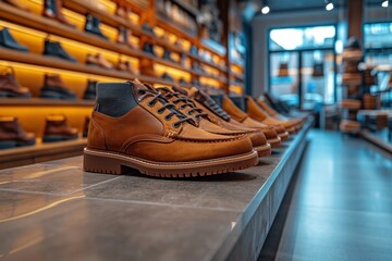 A stylish shoe store display featuring a diverse collection of fashionable leather footwear. - obrazy, fototapety, plakaty