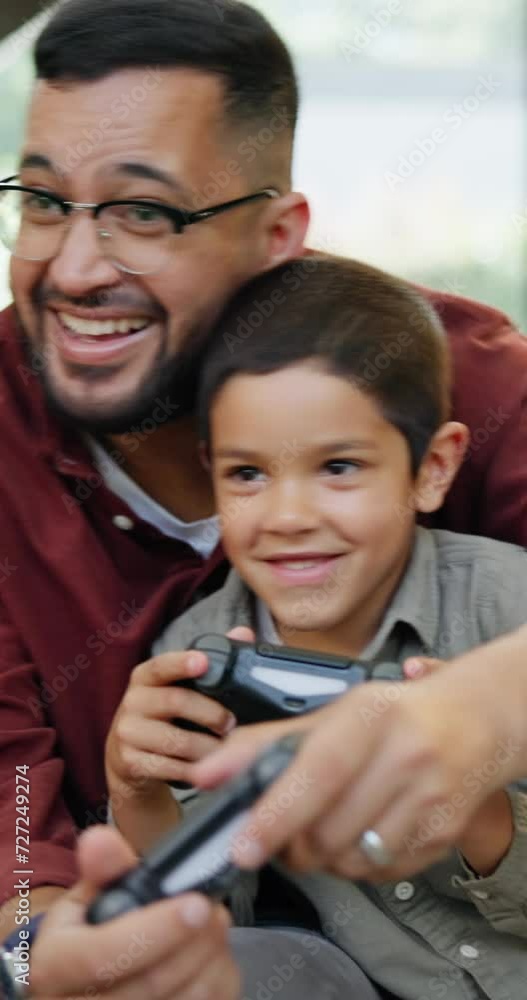 Poster Father, son or home for video games on couch, love or playing an online gaming challenge in home. Happy family, excited or console for streaming sports in living room or bonding to relax on weekend