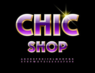 Vector luxury signboard Chic Shop. Premium Alphabet Letters and Numbers set. Violet and Golden Elite Font.