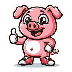 Cute adorable pig giving thumbs up cartoon character vector illustration, funny piggy flat design template isolated on white background