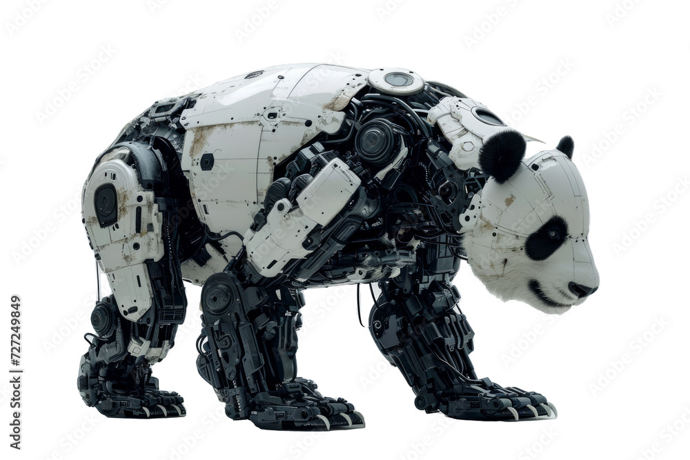 Poster Conceptual image of a cybernetically enhanced panda with robotic limbs and technological upgrades, displayed against a solid white backdrop Generative AI