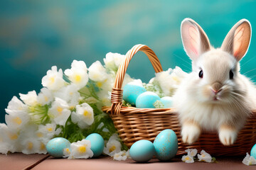 Colorful eggs and Easter bunny in a basket with spring flowers on a pastel background.