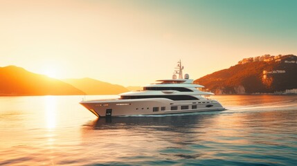 Realistic photo of an opulent yacht cruise at sunset, luxurious setting with sun-kissed hues,...
