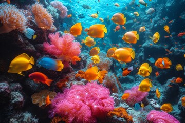 A colorful community of marine life thrives in the tranquil waters of a stony coral reef, surrounded by vibrant sponge and elegant aquarium decor