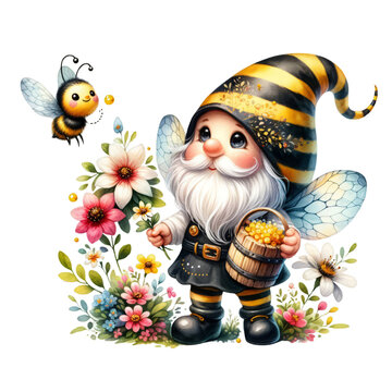 Watercolor Gnome Beekeeper with Flowers