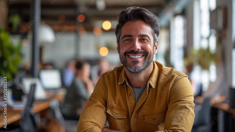 Poster Realistic portrayal of a man in an office setting, smiling cheerfully during a team meeting or brainstorming session Generative AI