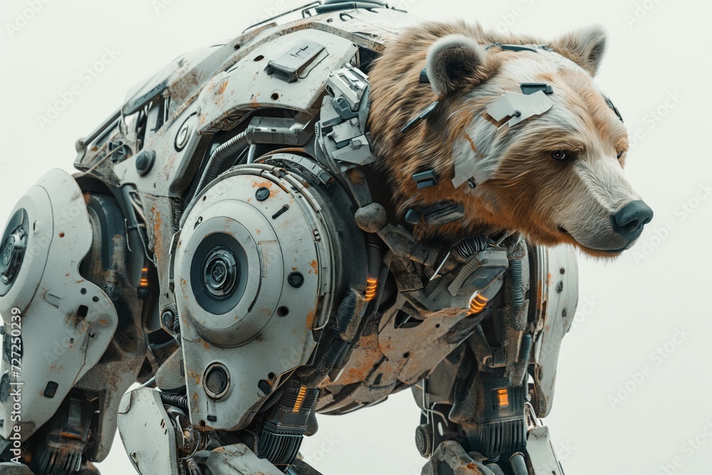 Poster Realistic portrayal of a bear with robotic limbs and cybernetic augmentations, depicted against a clean white setting Generative AI