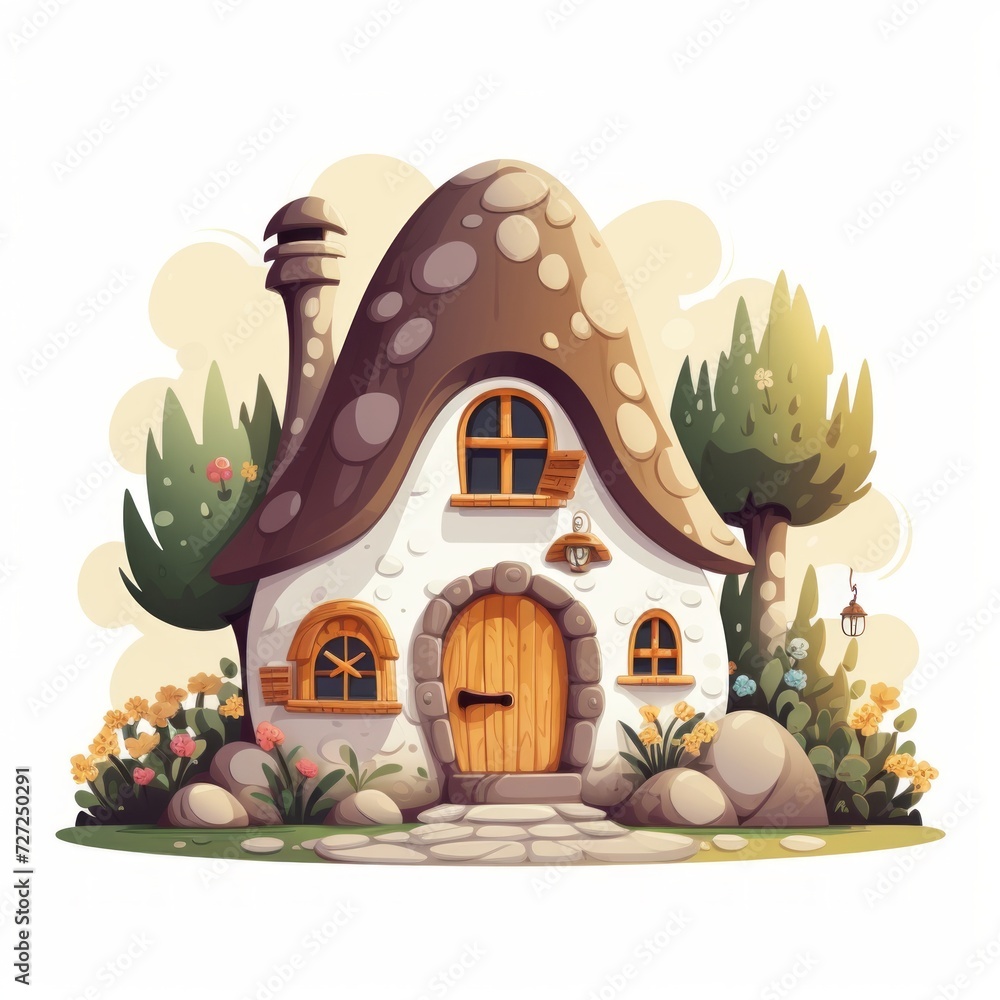 Poster A magical tiny house with a cobblestone pathway and a cozy hearth inside. Generative AI
