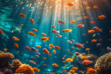 A mesmerizing scene of vibrant marine life, with colorful fish swimming gracefully in the crystal clear waters of a coral reef, showcasing the delicate balance of nature and the wonders of marine bio