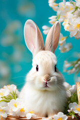 Obraz premium Colorful eggs and Easter bunny in a basket with white spring flowers on a pastel background.