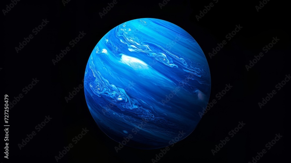 Poster realistic portrayal of neptune, focusing on its deep blue hue and atmospheric bands from a distant v