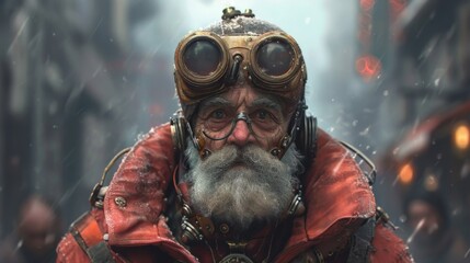Realistic portrayal of an elderly person in steampunk fashion, radiating cheerfulness and contentment in a post-apocalyptic world Generative AI - obrazy, fototapety, plakaty